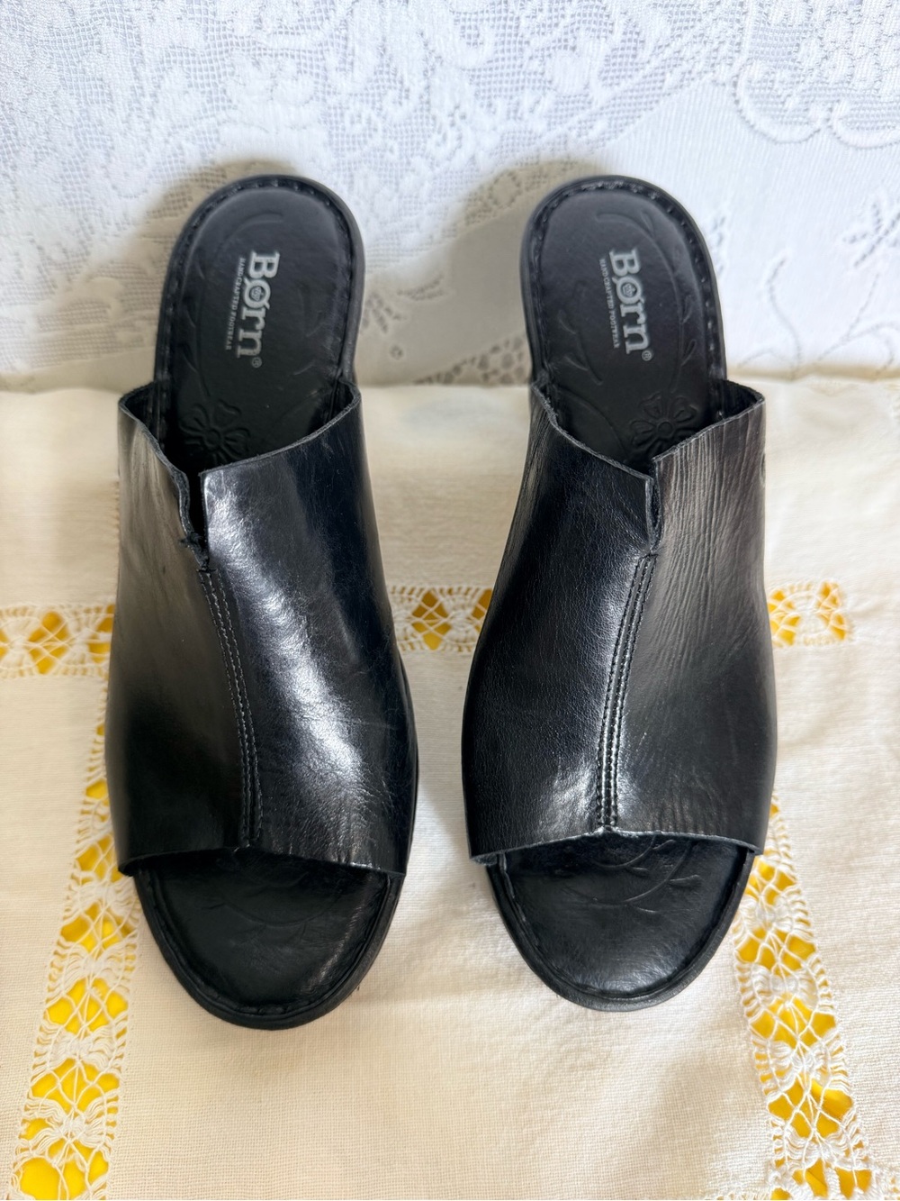 Børn Black Leather Peep Toe Wedge Mules Clogs Size 10M - Picture 2 of 11